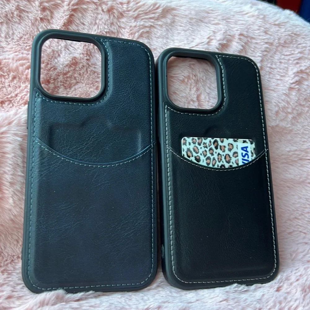 For iPhone 14 leather phone case with elegant stitching with cc pocket holder